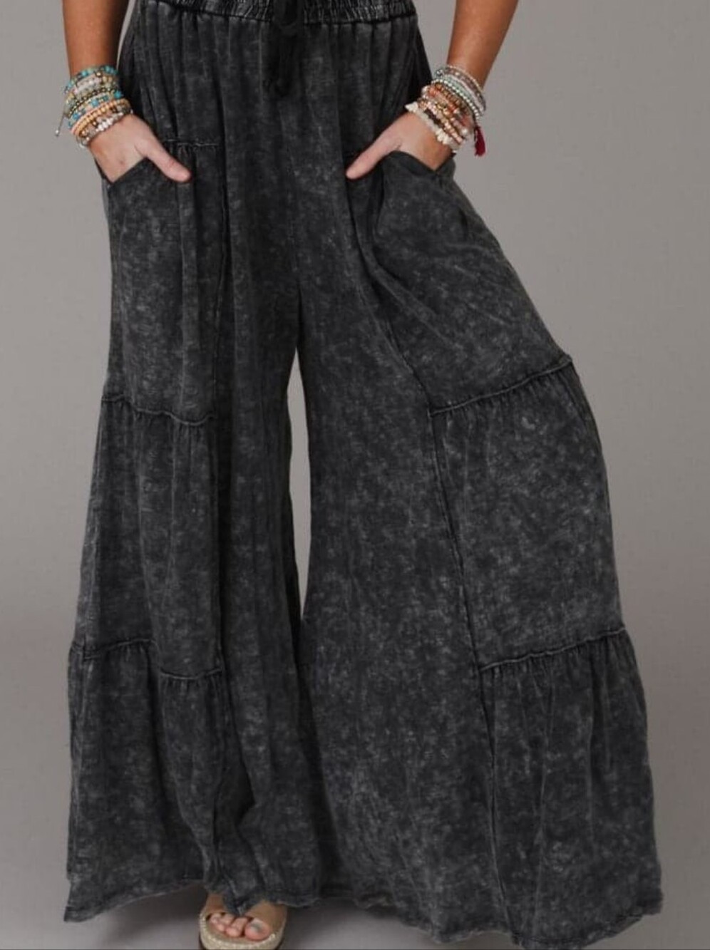 Oli & Hali Wide Leg High Waist Black Mineral Wash Tiered Pants M Boho Chic - Picture 2 of 13